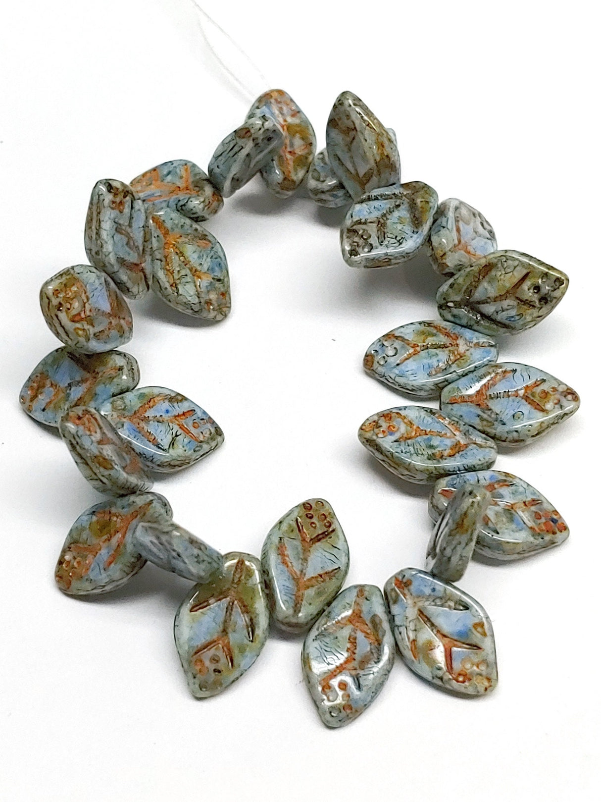Leaf Bead Light Blue Stone Finish Opaque, 12x7mm Czech Glass, 25 Beads