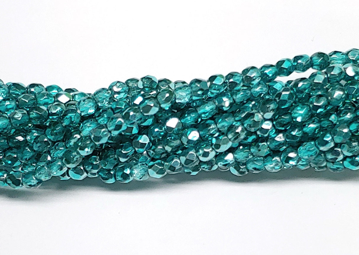 3mm Fire Polish, Crystal Marine Metallic Ice, Czech Glass Faceted Round, 00030-67642, 50 Beads