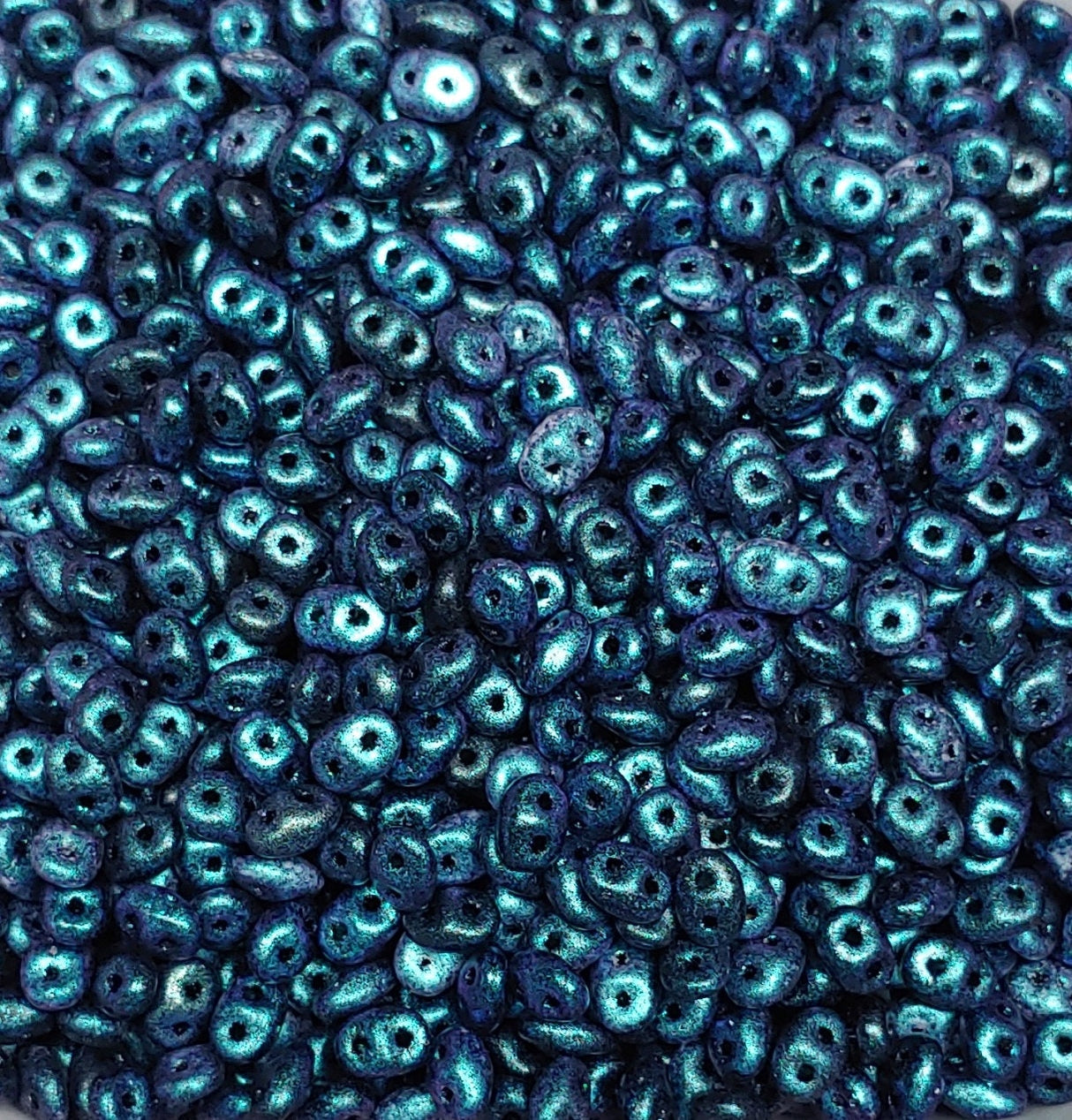 SuperDuo Polychrome Dark Capri Blue, 2 hole bead 2.5x5mm Czech Glass Beads, 94109 10 grams