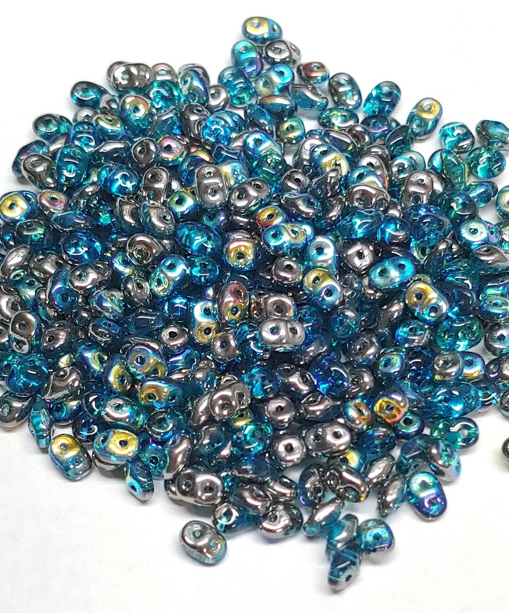 SuperDuo Aqua Graphite Rainbow, Czech Glass 2-hole bead 2.5x5mm, 10 grams