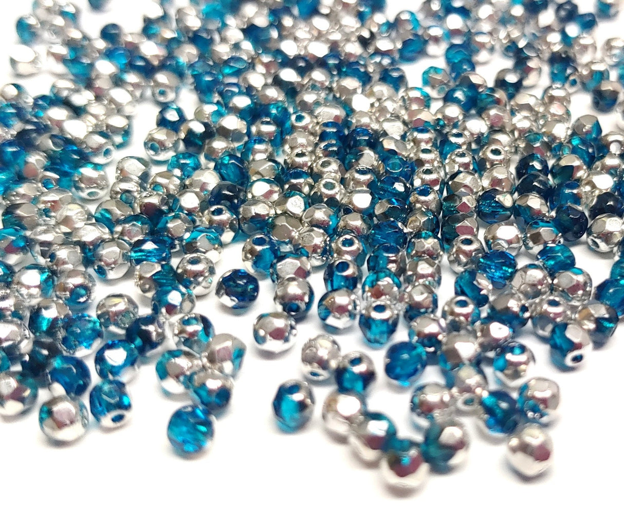 3mm Fire Polish Transparent Aqua Silver Half Coat, Czech glass faceted, 60080-27001-50 beads