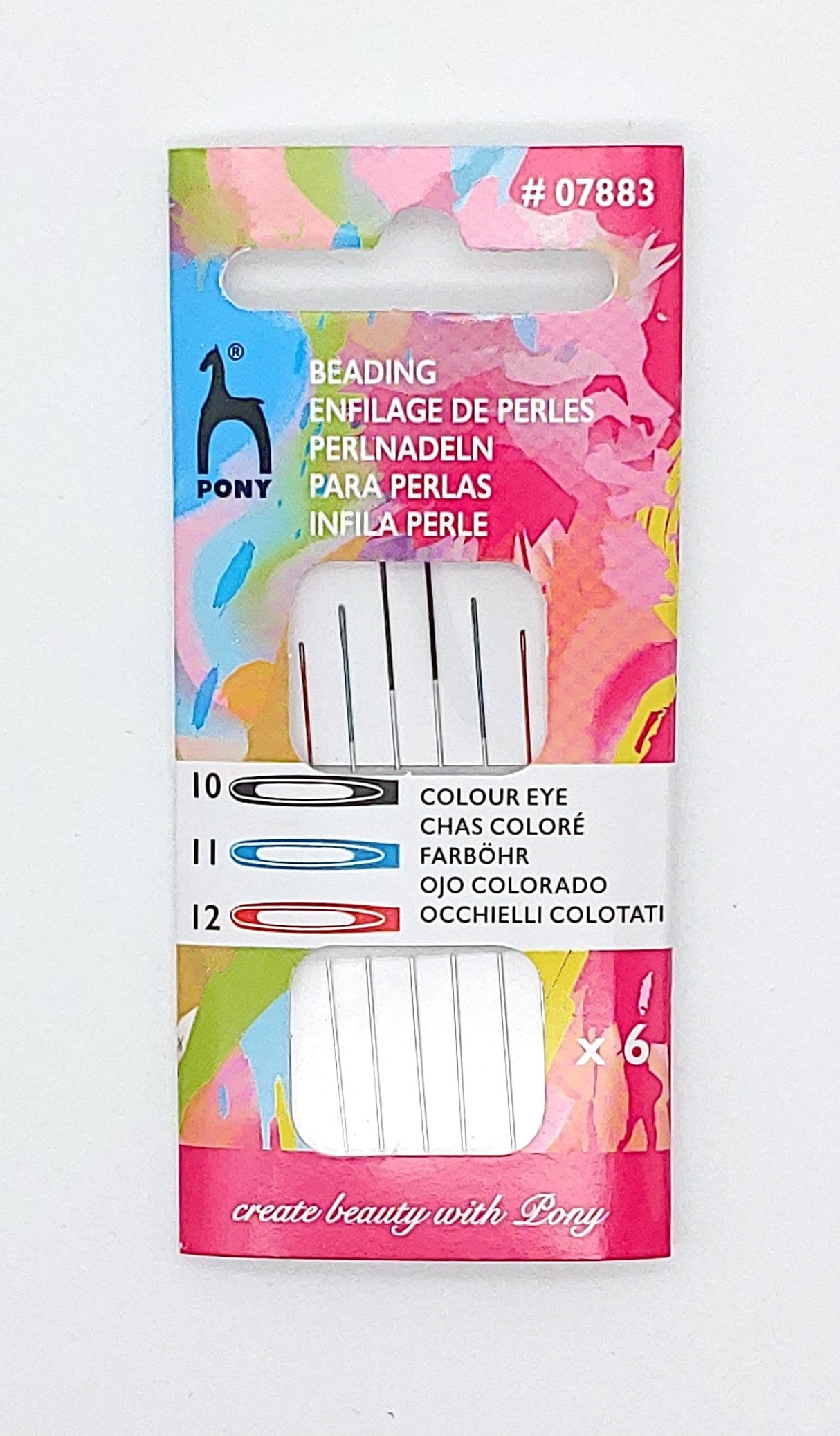 Pony Beading needles, Coloured Eyes needles, 6 per package size 10, 11, 12