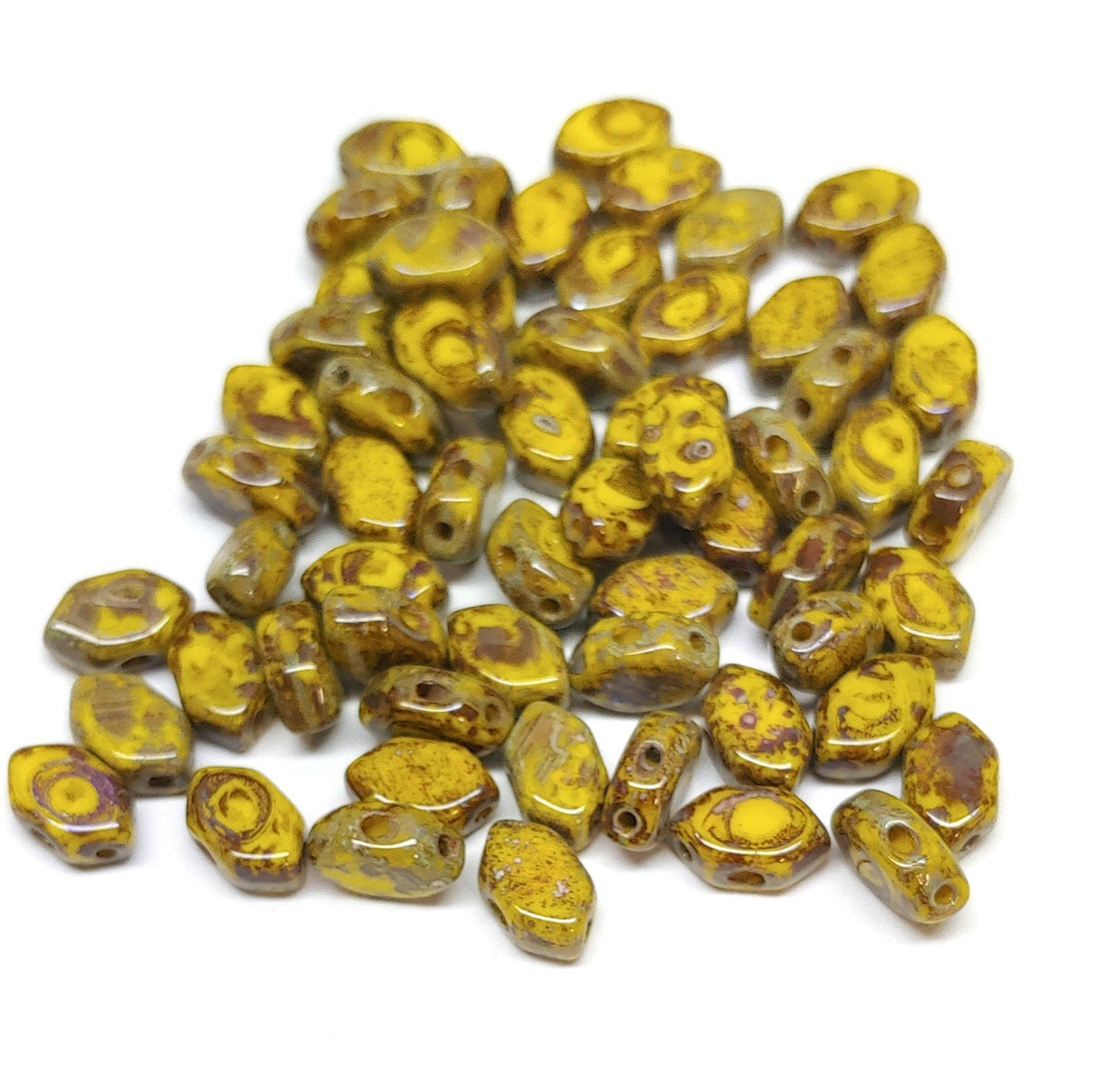 Paros® Par Puca® Opaque Jonquil Picasso, 2 hole beads 7 x 4mm, 60 beads 83120-43400