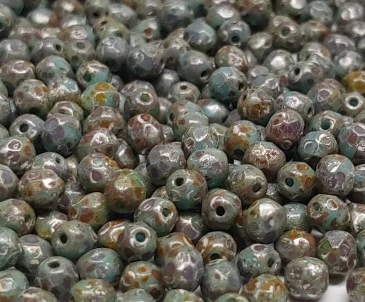 4mm Fire Polish, Opaque Blue Turquoise Picasso, Czech glass faceted round, 63030-43400 - 50 beads