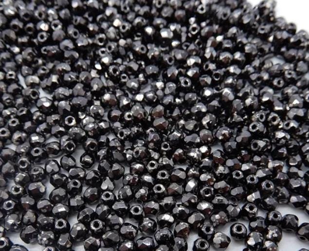 3mm Fire Polish Jet Antique Chrome, Czech glass faceted round bead, 23980-18549-50 beads