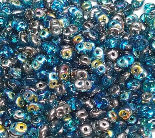 SuperDuo Aqua Graphite Rainbow, Czech Glass 2-hole bead 2.5x5mm, 10 grams