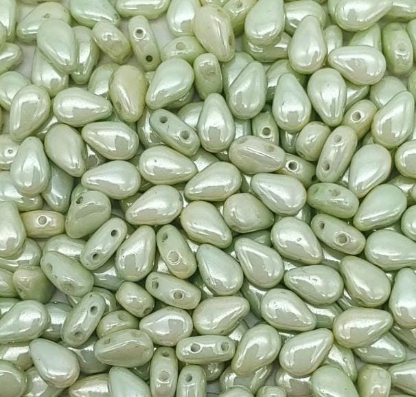 Round DropDuo Mint Luster, 2-Hole Czech Glass 5x7MM, 14457-50 Beads