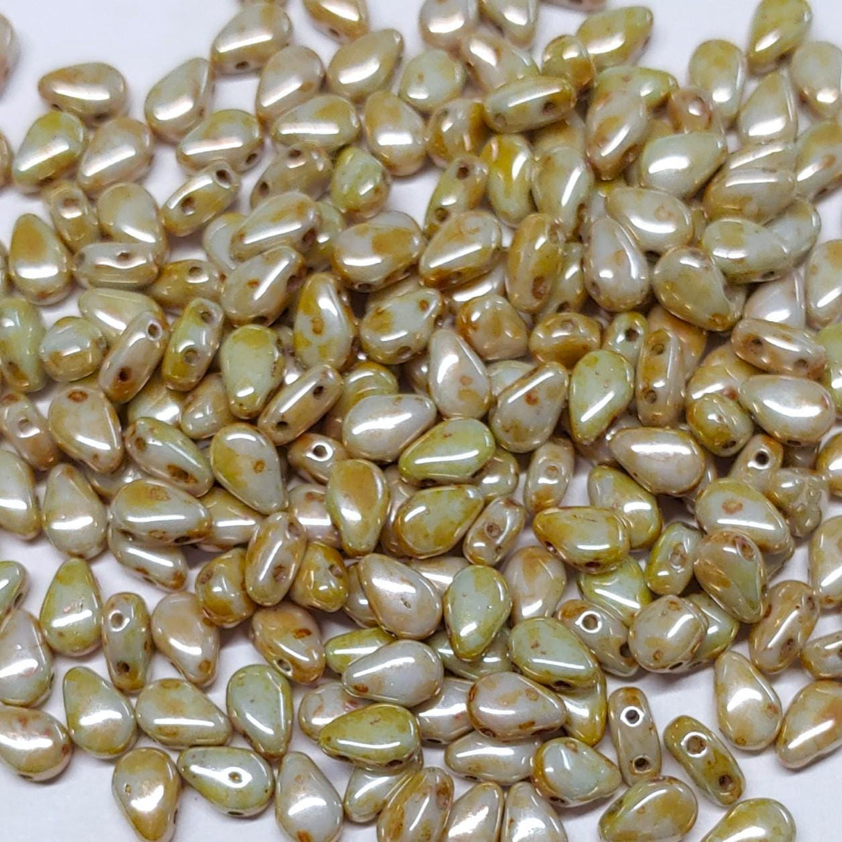 Round DropDuo White Green Luster, 2-Hole Czech Glass 5x7MM, 65455-50 Beads