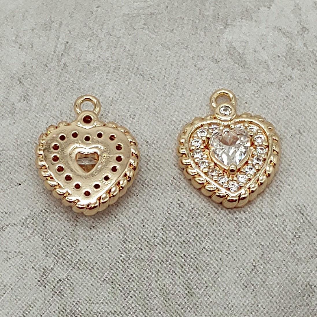 Heart Charm, Pendant, Micro Pave, Cubic Zirconia-Brass/18K Gold Plated-Quantity 1