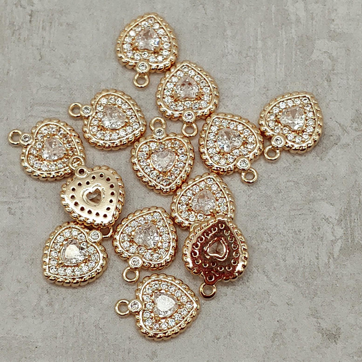 Heart Charm, Pendant, Micro Pave, Cubic Zirconia-Brass/18K Gold Plated-Quantity 1