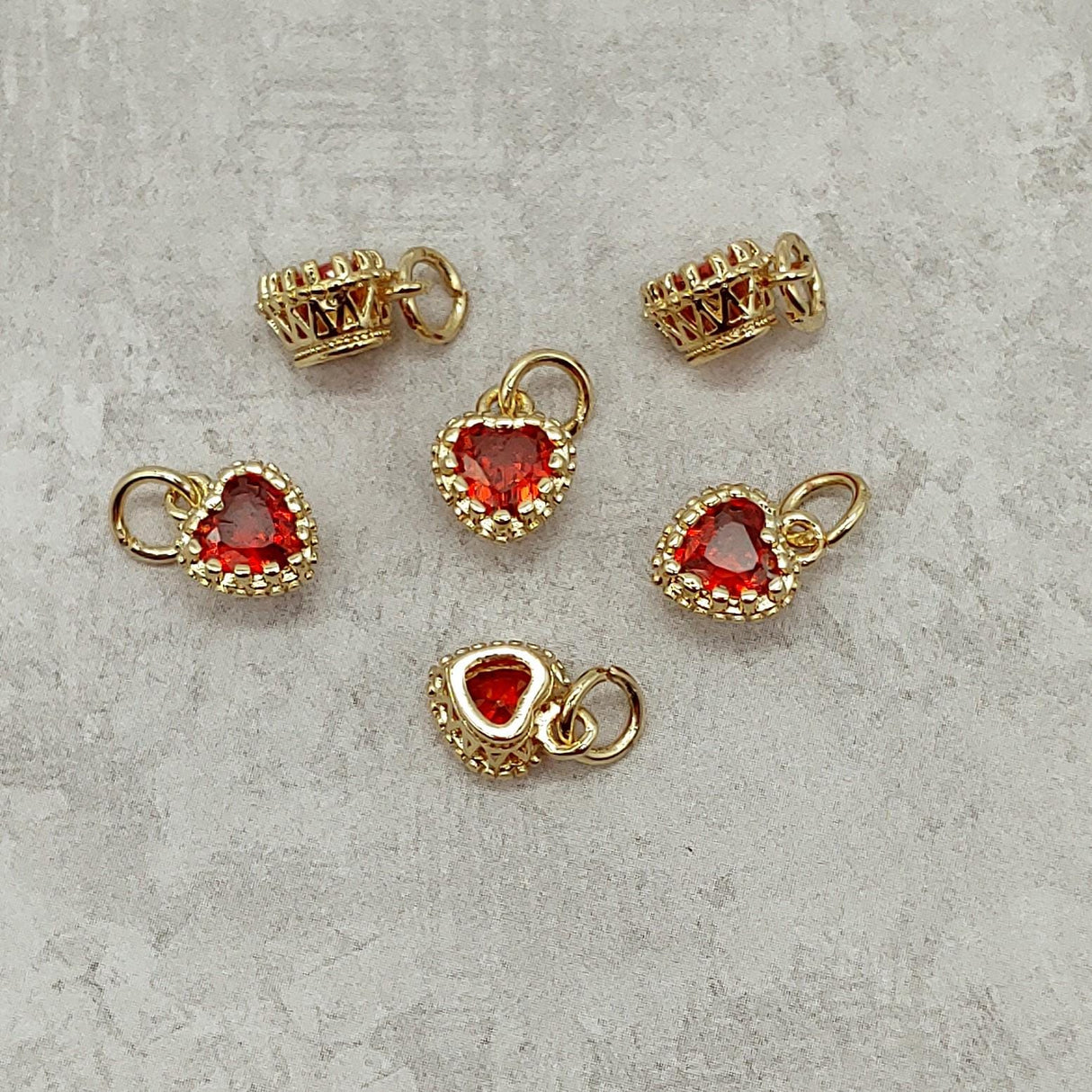 Heart Charms, Red Cubic Zirconia-Brass/18K Gold Plate-Quantity 2