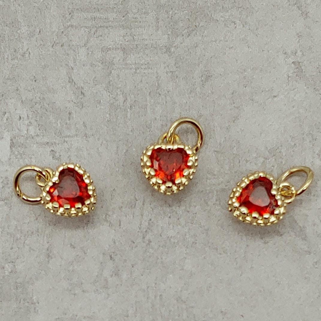 Heart Charms, Red Cubic Zirconia-Brass/18K Gold Plate-Quantity 2