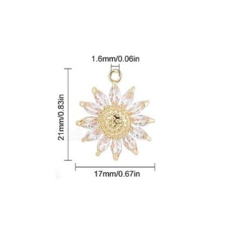 Daisy Charm 18K Gold Plated, Cubic Zirconia Flower Charm, 21x17mmx5.5mm thick Quantity 1