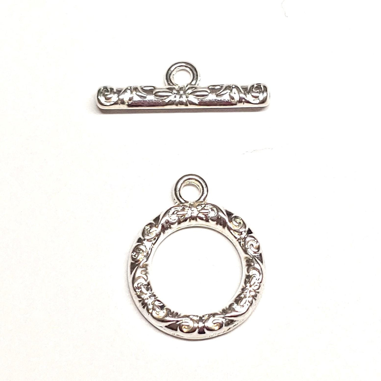 Toggle Clasp, Vine & Flower Pattern, Single Sided 17mm, Silver Plate White/Crystal Flower 1-Strand Clasp, Quantity 1