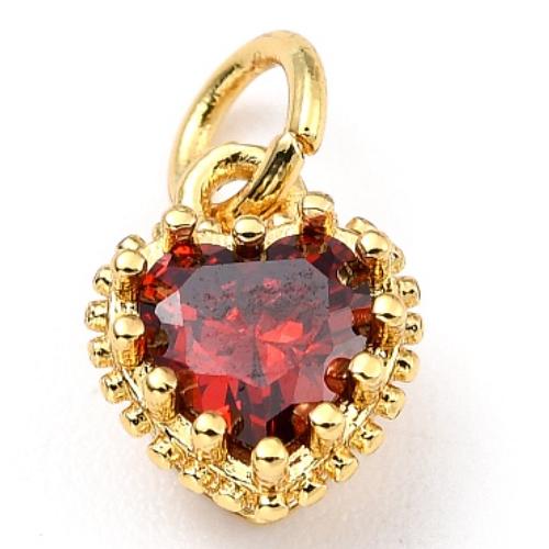 Heart Charms, Red Cubic Zirconia-Brass/18K Gold Plate-Quantity 2