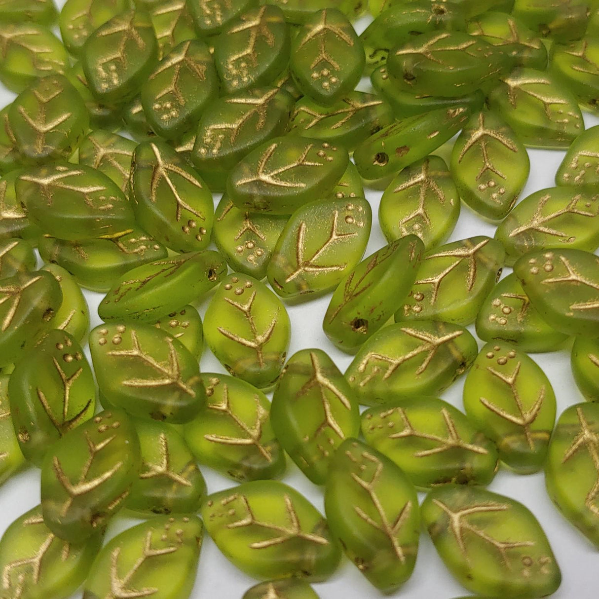 Leaf Bead Matte Olivine Green w/Gold Wash, 12x8mm Czech Glass, 25 Beads