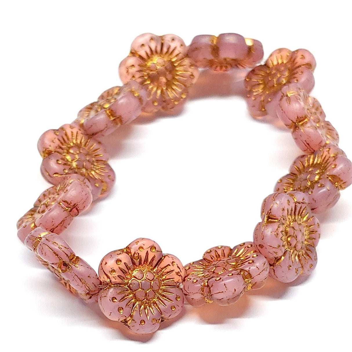 Wild Rose Pink Opaline w/Dark,Bronze Wash, 14mm Czech Glass 12 beads