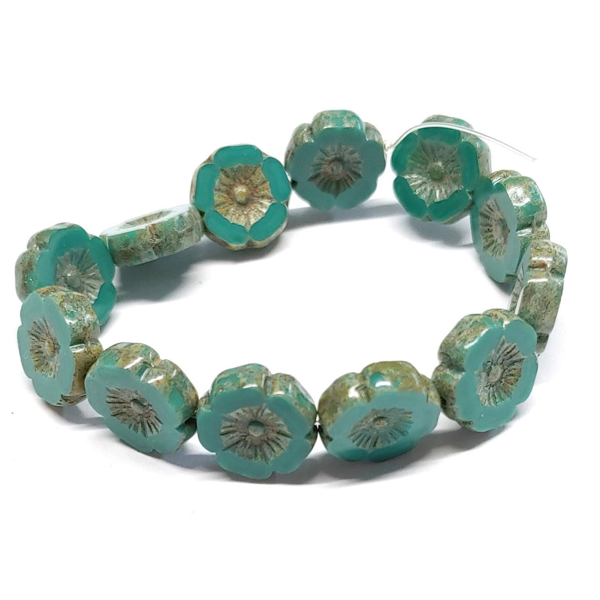 12mm Turquoise Green Opaque with Picasso Finish, Hibiscus Flower, Czech Glass 12 beads