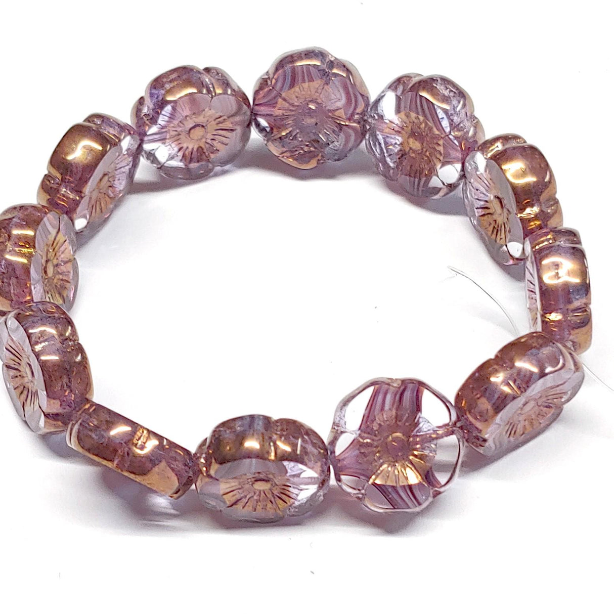 12mm Purple and White Stripe in Crystal Transparent with Bronze Finish, Hibiscus Flower, Czech Glass 12 beads