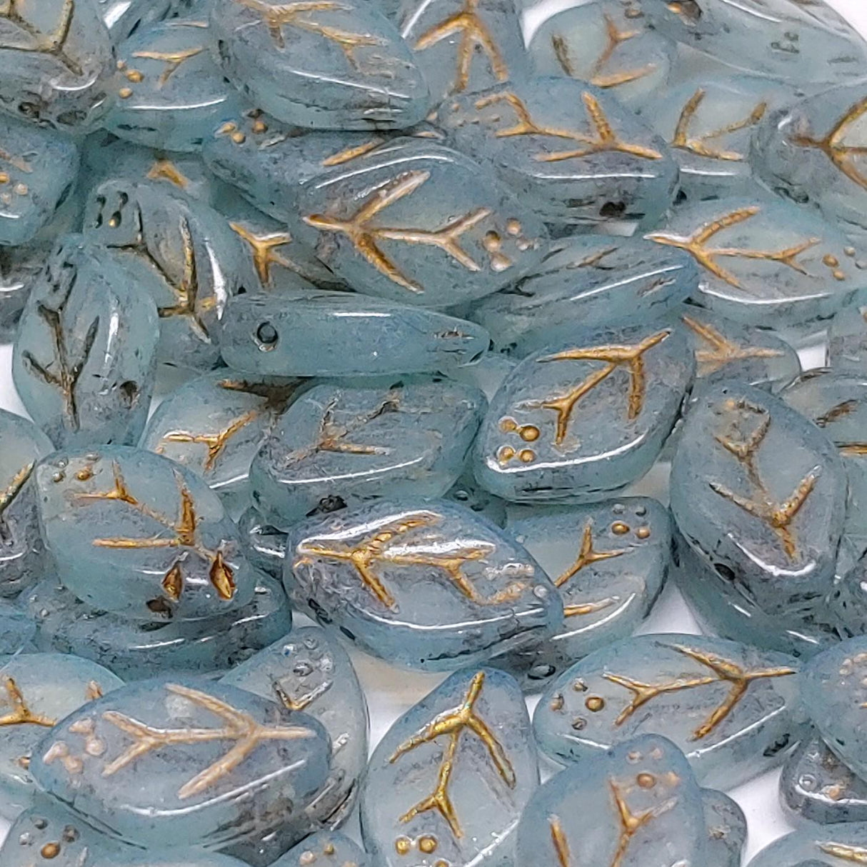 Leaf Bead Opal Blue w/Gold Wash, 12x8mm Czech Glass, 25 Beads