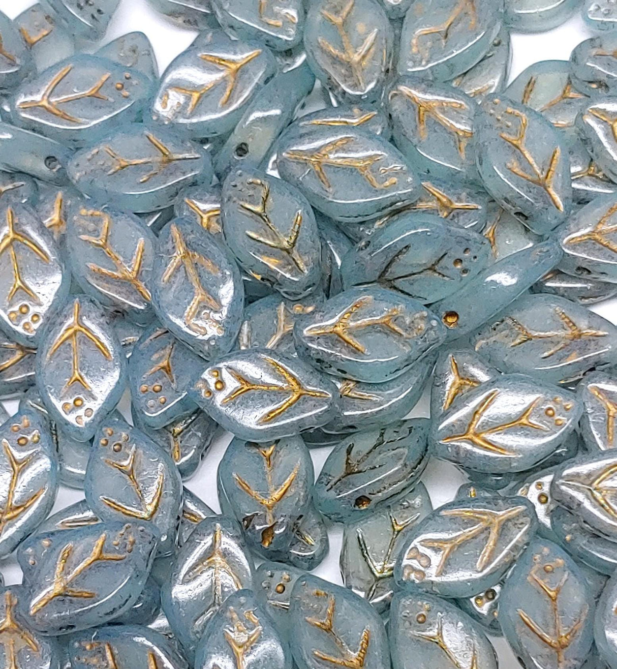 Leaf Bead Opal Blue w/Gold Wash, 12x8mm Czech Glass, 25 Beads