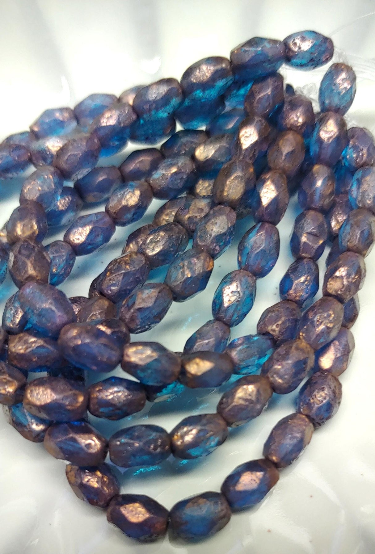 7x5mm Blue Etched w/Bronze Finish Faceted Oval Czech Glass Beads, 20 beads