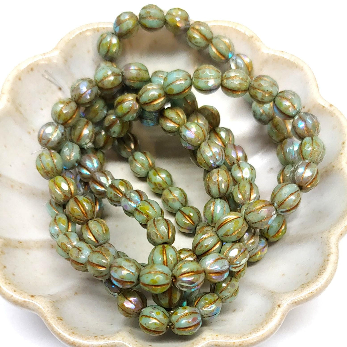 6mm Faceted Melon Tea Green w/Picasso and AB Finishes & Gold Wash-25 Beads