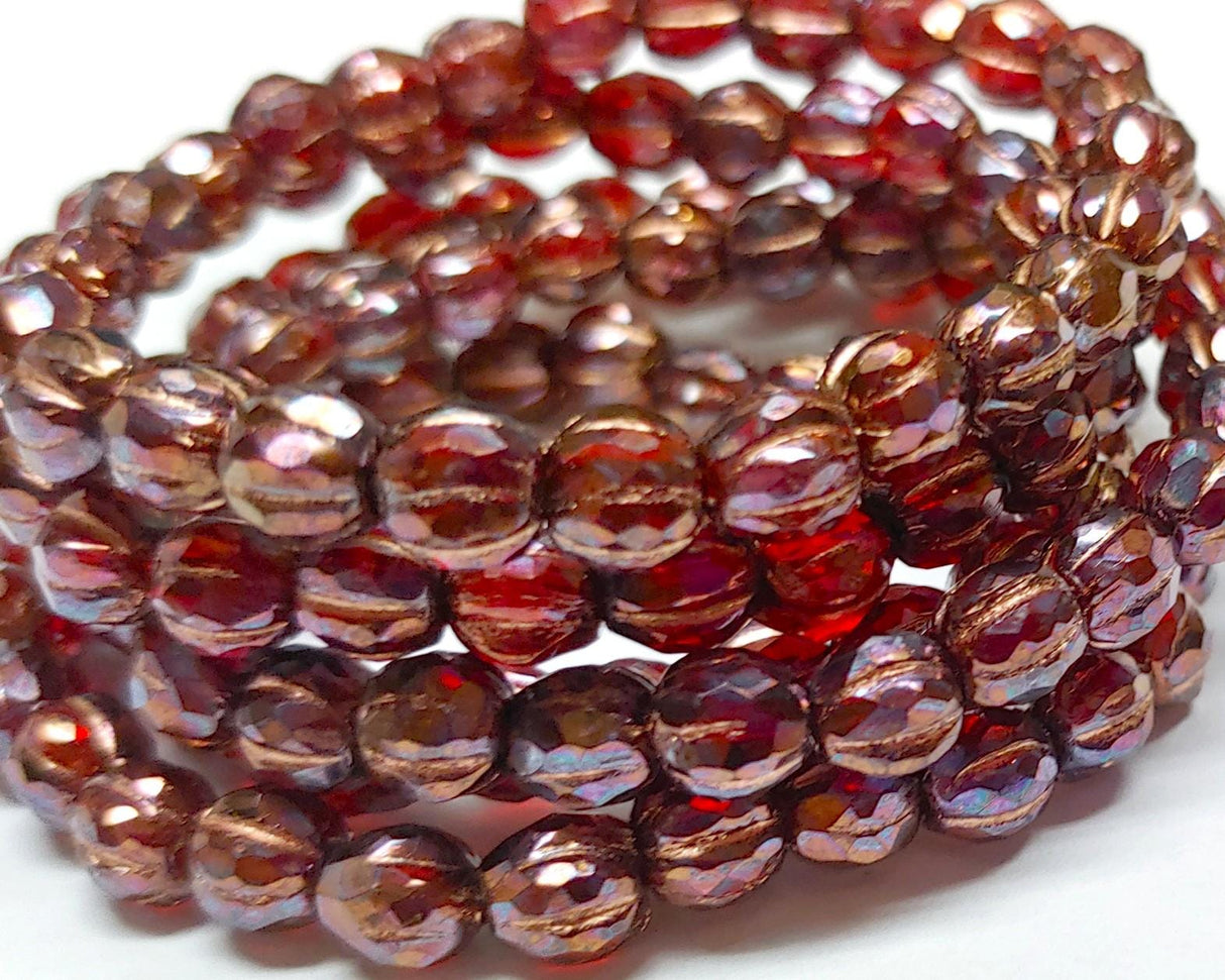 6mm Faceted Melon Ruby Red w/Purple Copper Luster & Copper Wash-25 Beads