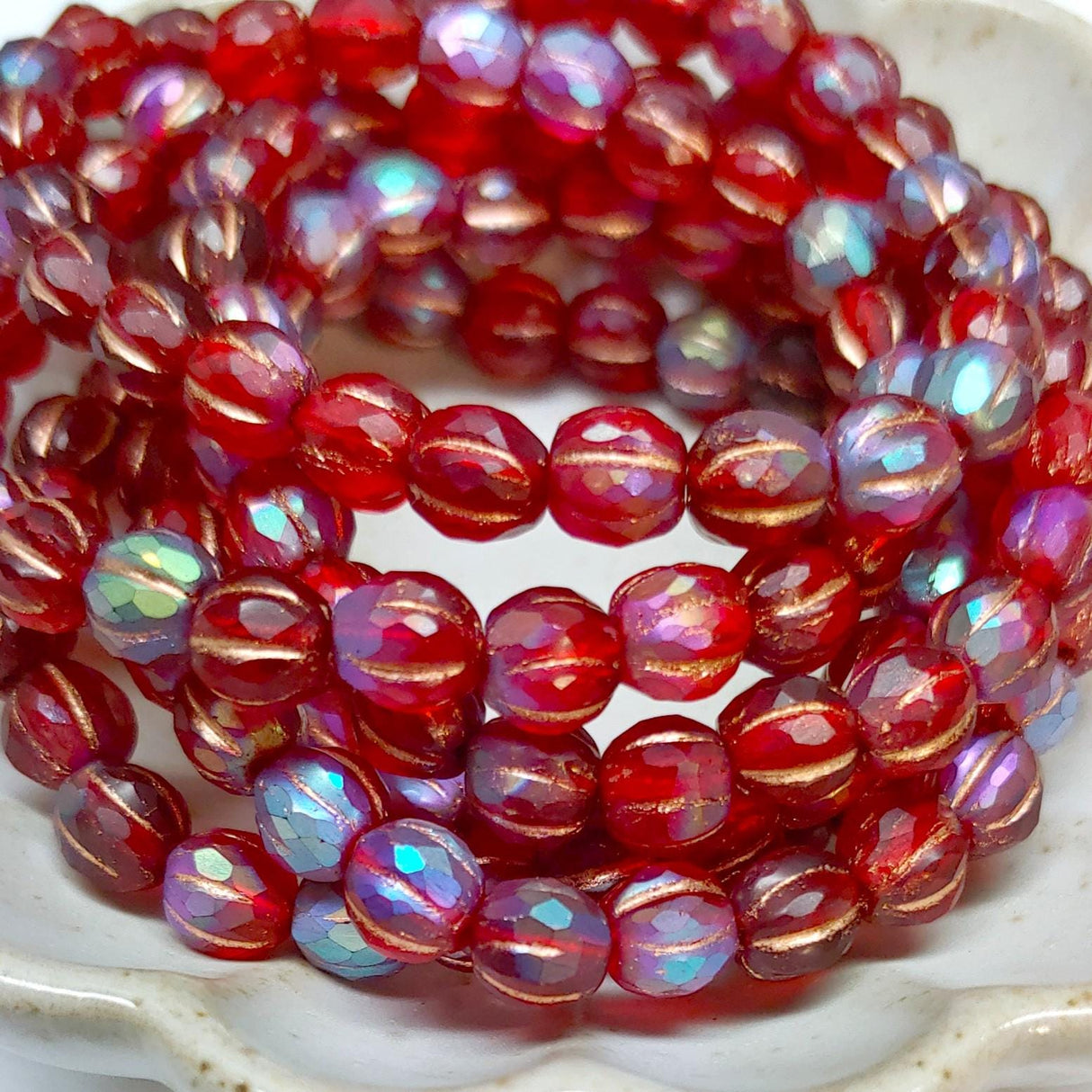 6mm Faceted Melon Matte Ruby Red AB w/Copper Wash-25 Beads