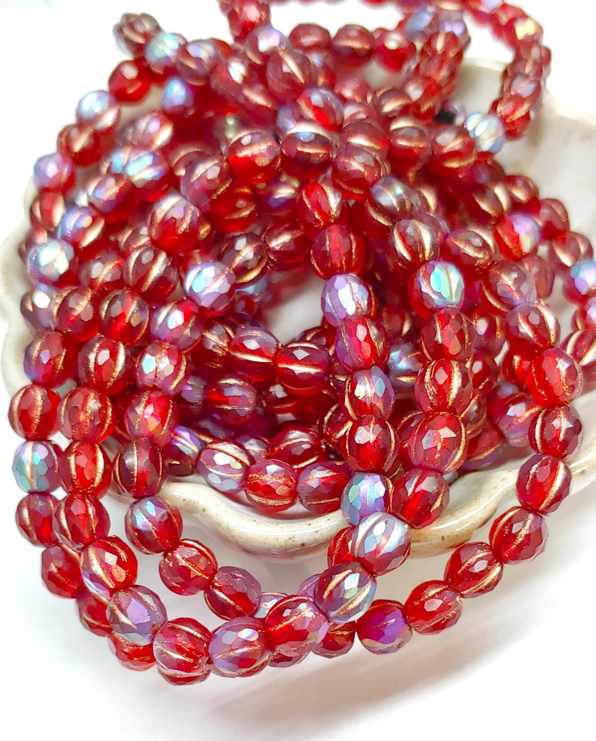 6mm Faceted Melon Matte Ruby Red AB w/Copper Wash-25 Beads