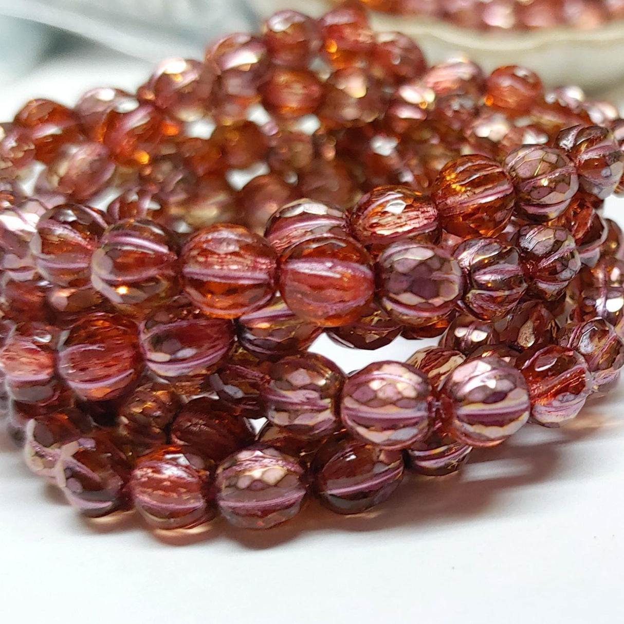 6mm Faceted Melon Peach w/Copper Finish & Metallic Pink Wash-25 Beads