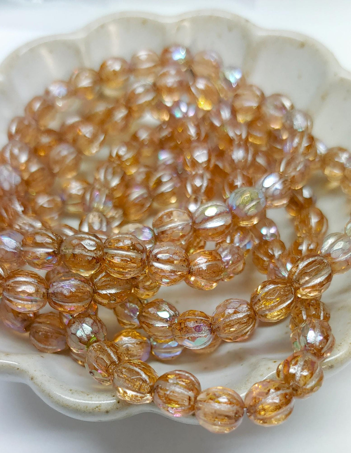 6mm Faceted Melon Peach w/AB Finish & Metallic Beige Wash-25 Beads