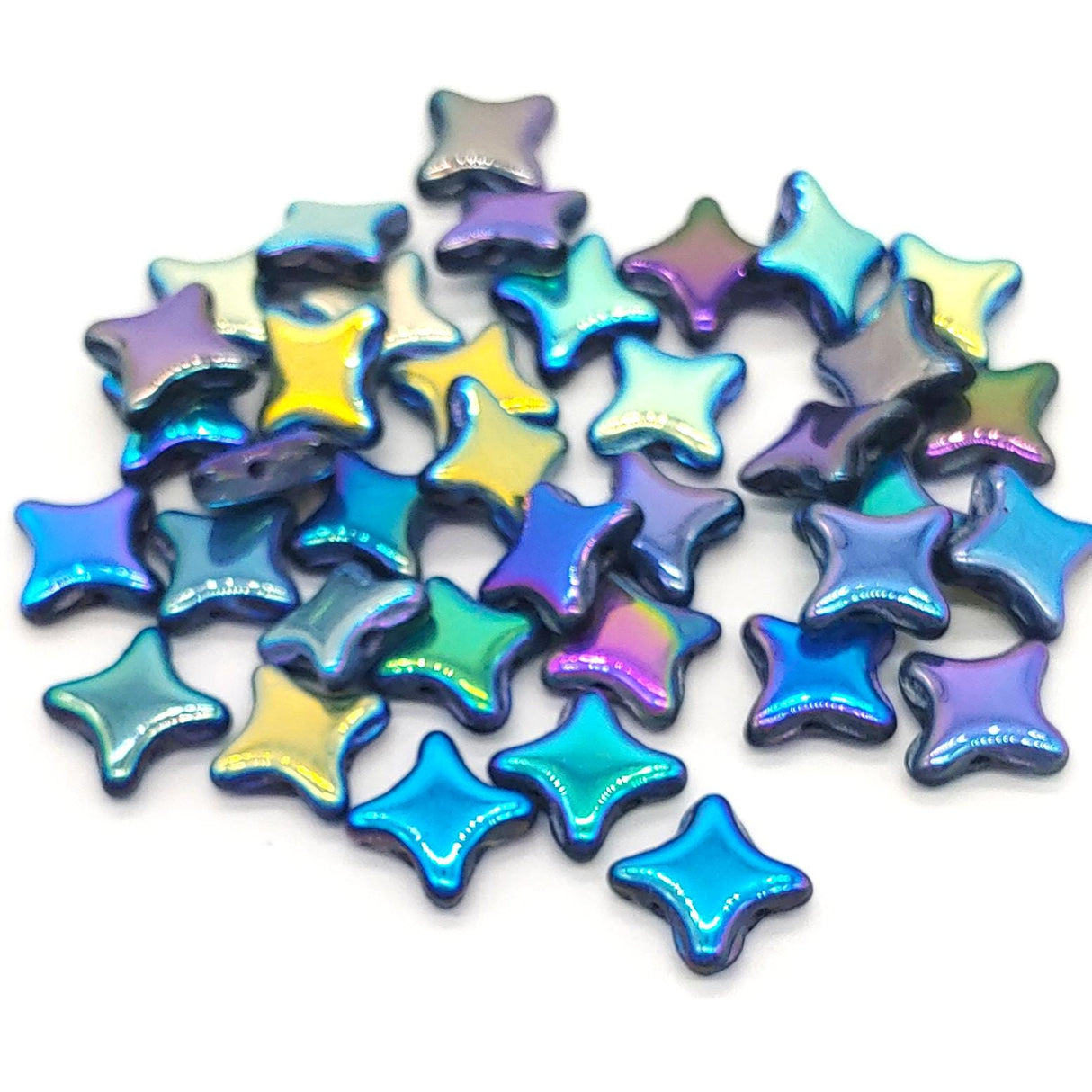 Star Beads Jet Full AB, 2 Hole Czech Glass 10x10mm, 30 Beads