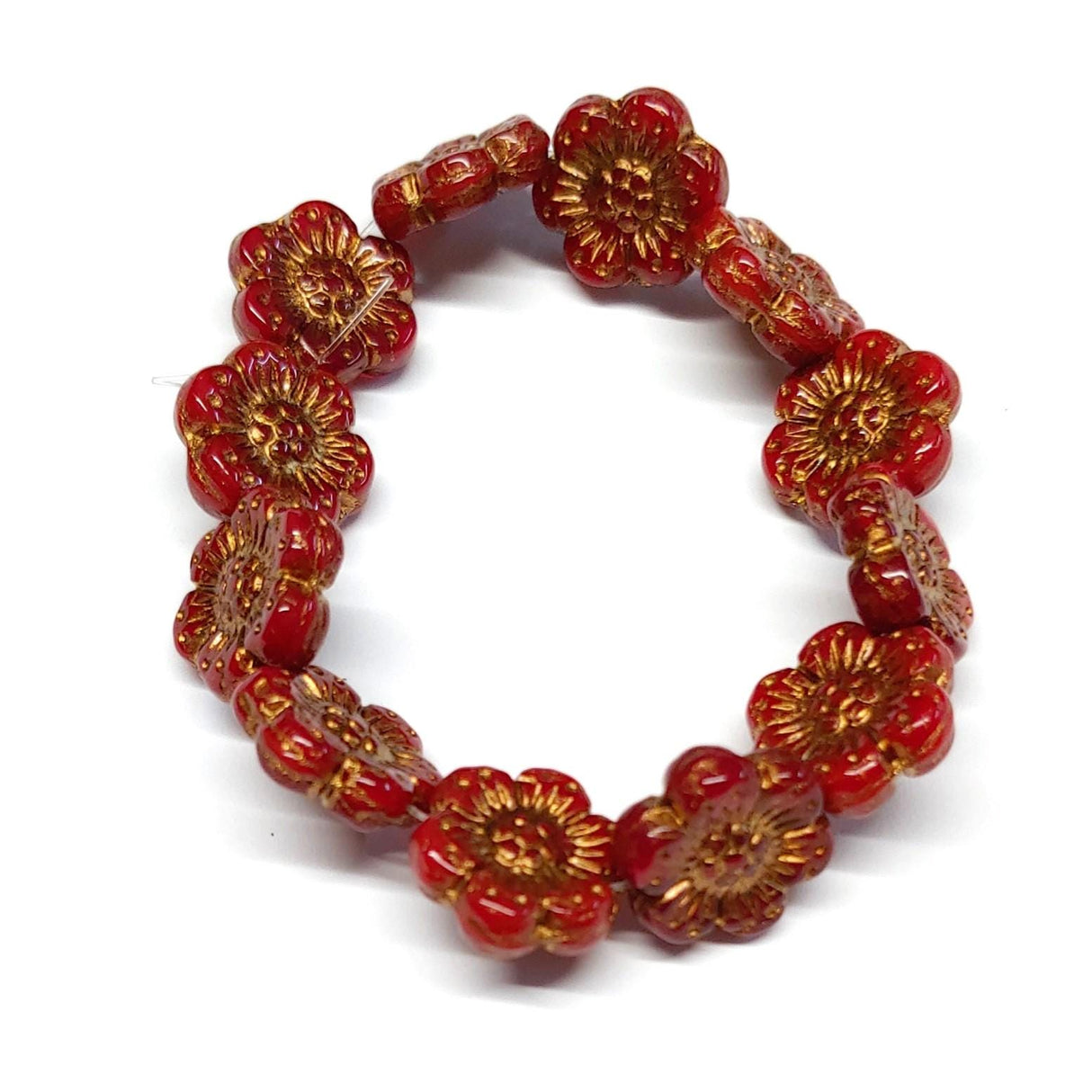 Wild Rose Red Opaline w/Dark,Bronze Wash, 14mm Czech Glass 12 beads