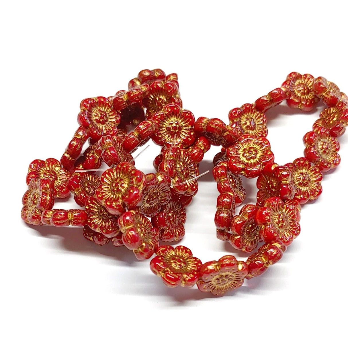 Wild Rose Red Opaline w/Dark,Bronze Wash, 14mm Czech Glass 12 beads
