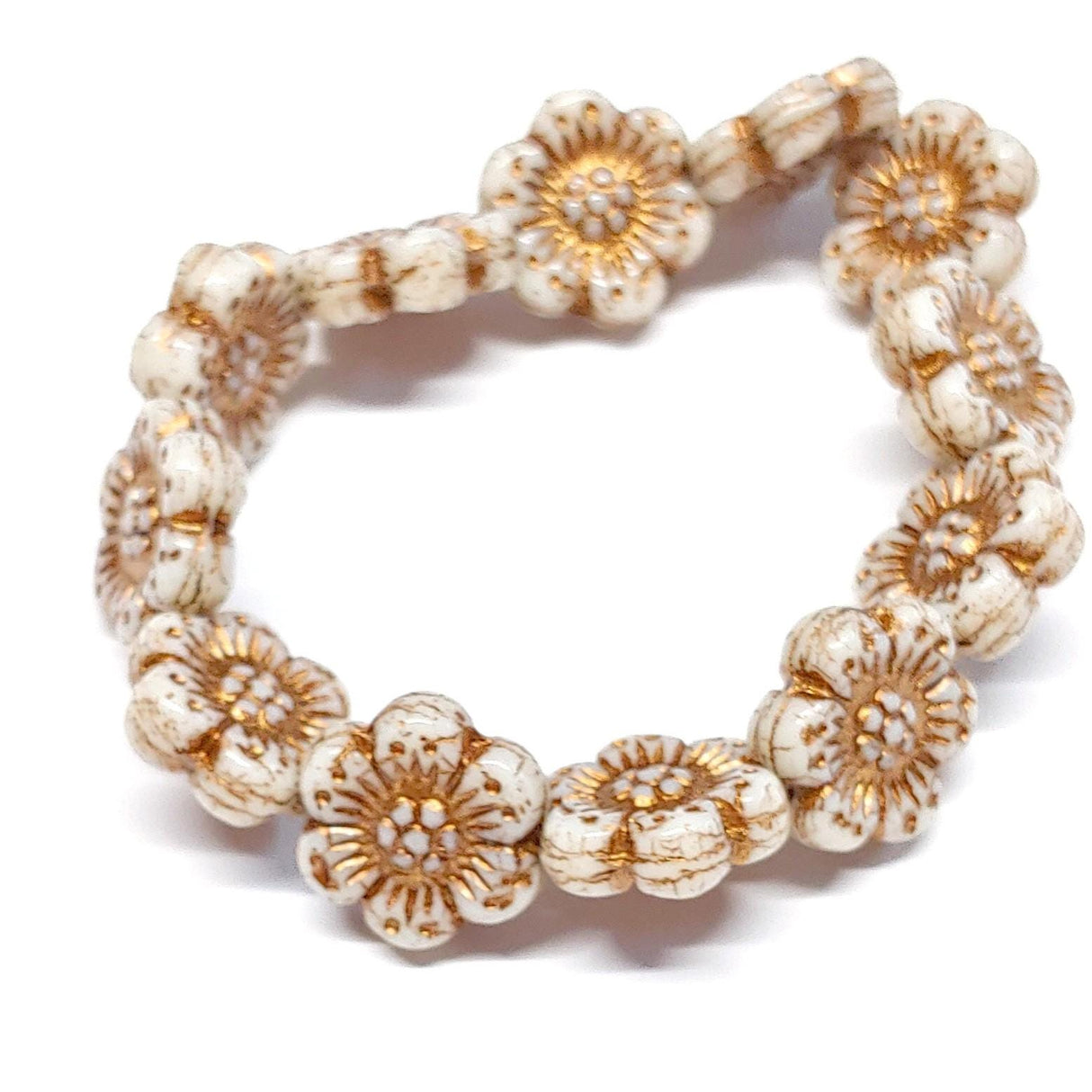 Wild Rose Ivory Opaque w/Dark Bronze Wash, 14mm Czech Glass 12 beads