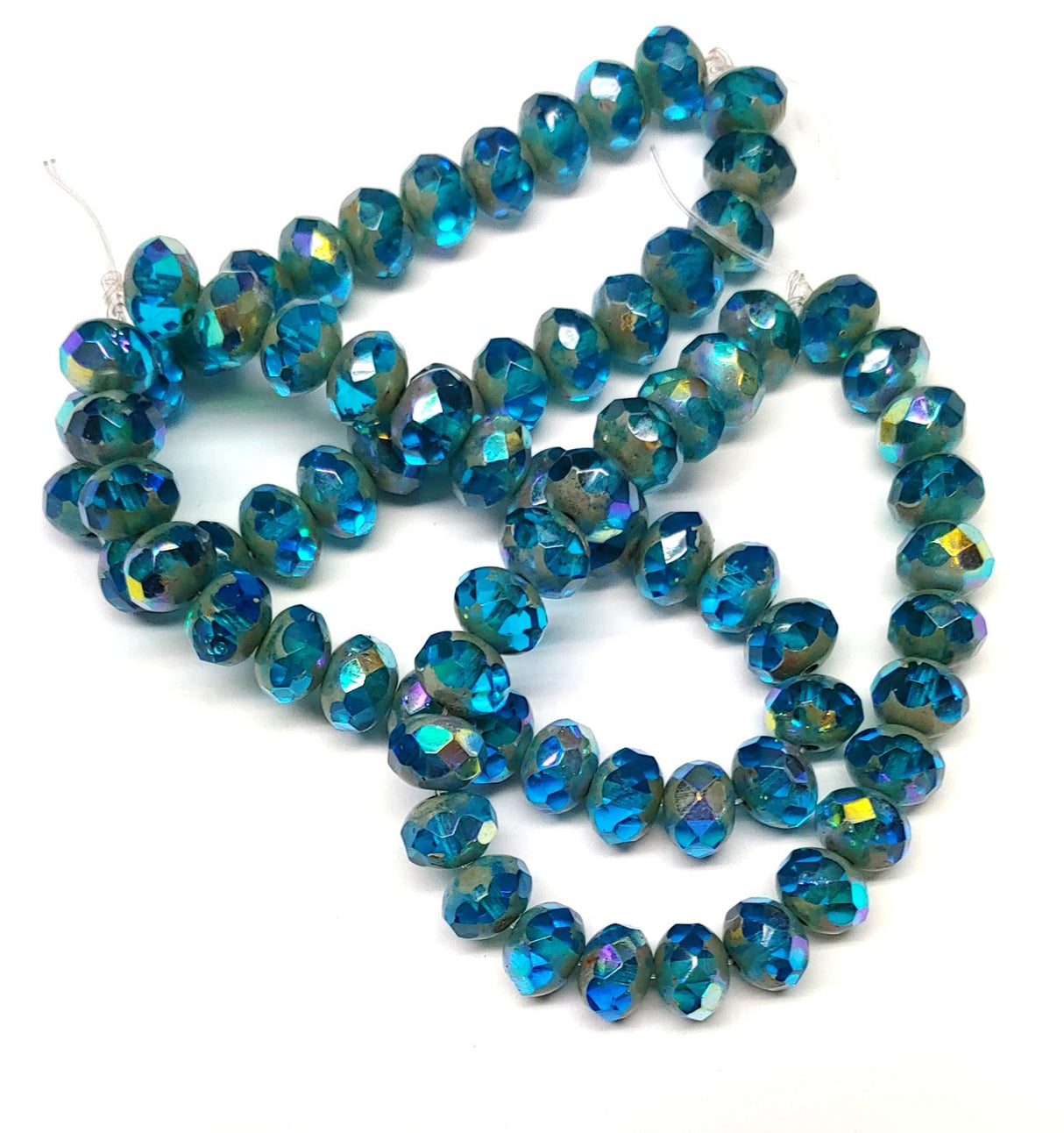 6x8mm Rondelle Pacific Blue with Picasso and AB Finishes, Czech Glass Beads, 10 beads