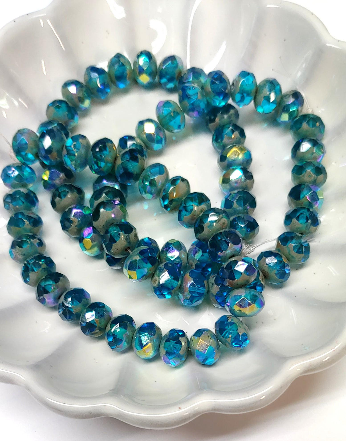6x8mm Rondelle Pacific Blue with Picasso and AB Finishes, Czech Glass Beads, 10 beads