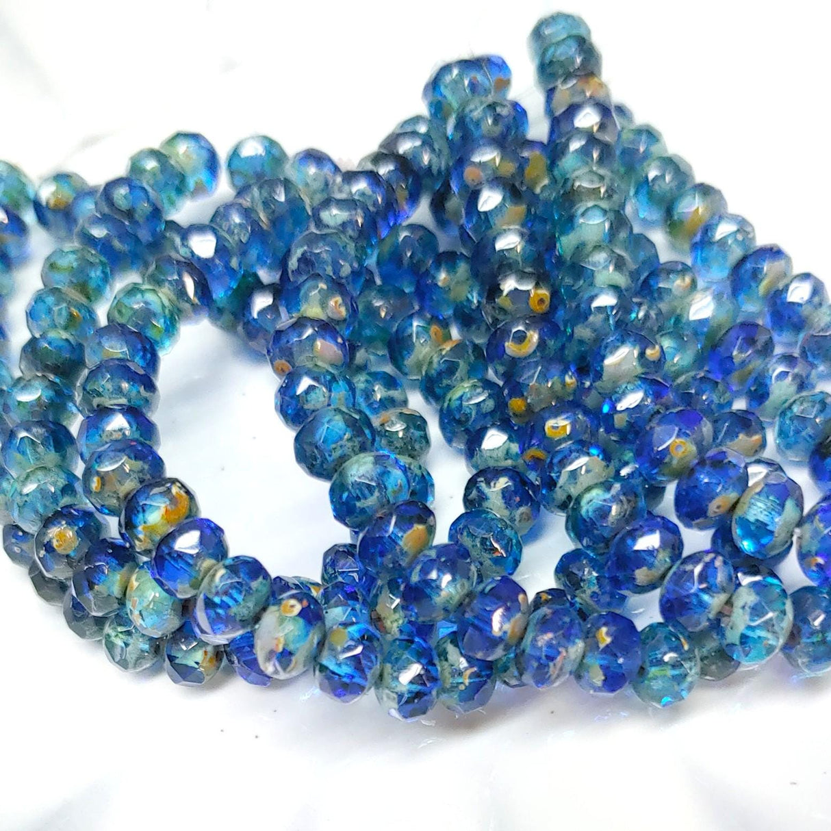 3x5mm Rondelle Sapphire & Teal Blue w/Picasso Finish - Czech Glass Beads, 30 beads