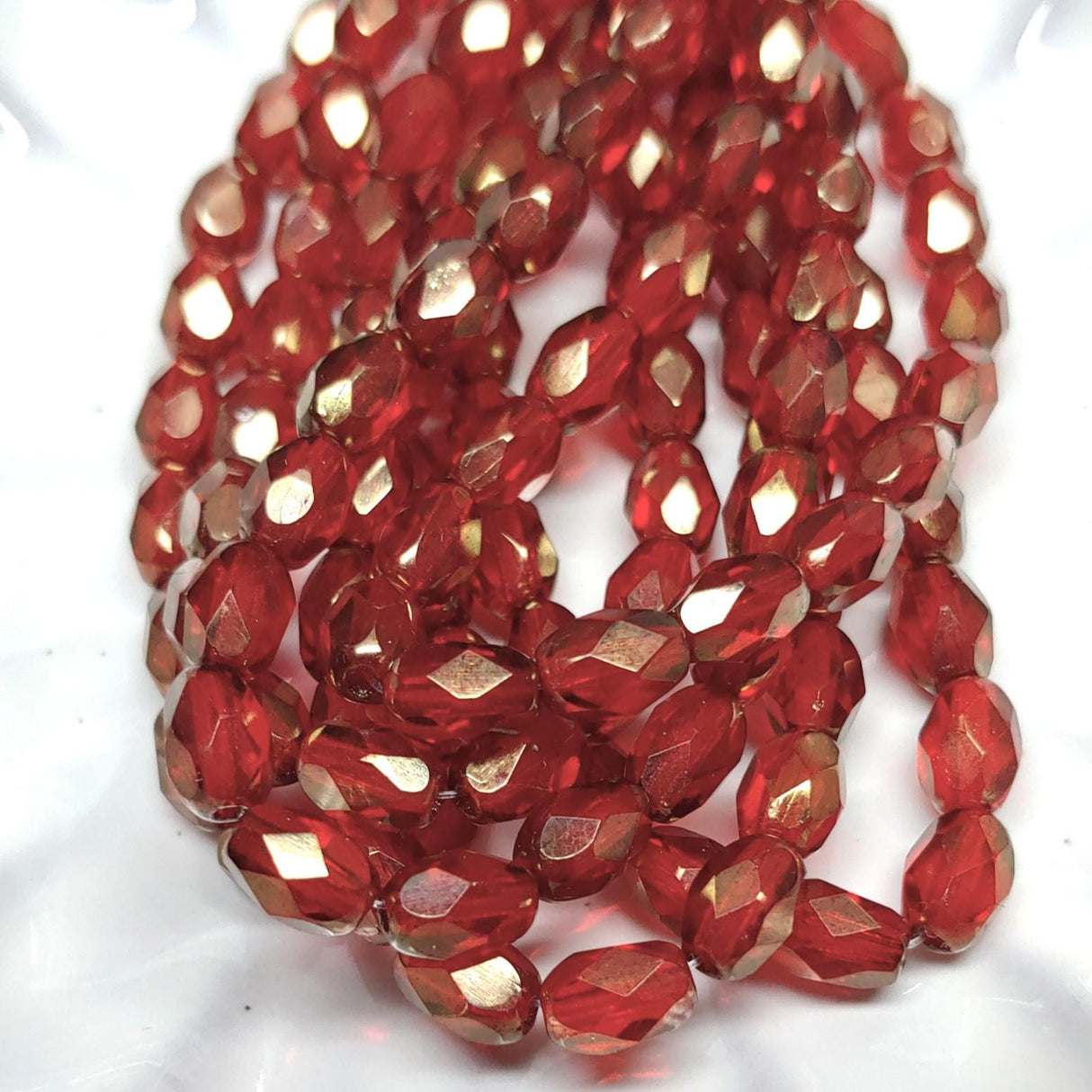 7x5mm Ruby Red w/Gold Luster Finish Faceted Oval Czech Glass Beads, 20 beads