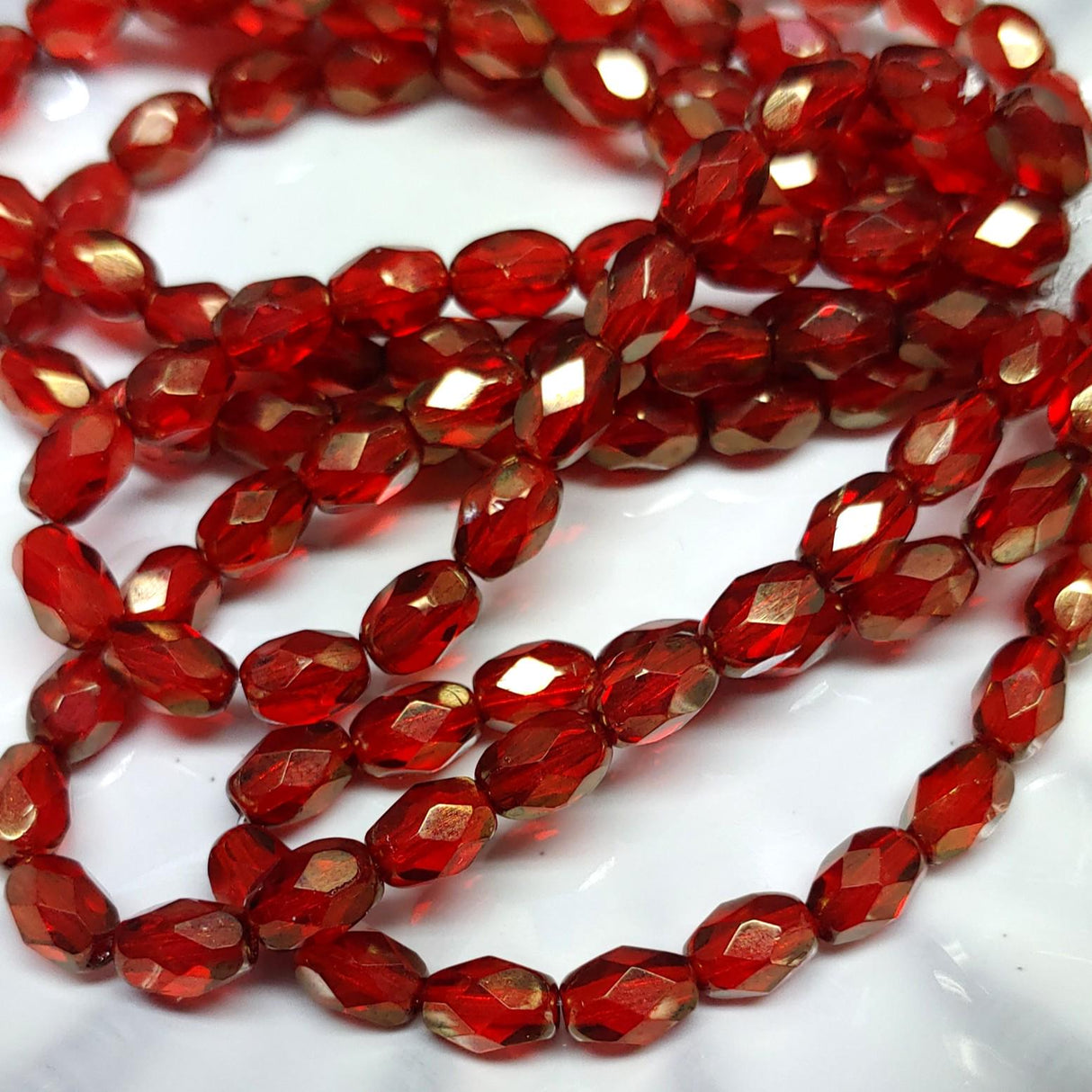 7x5mm Ruby Red w/Gold Luster Finish Faceted Oval Czech Glass Beads, 20 beads