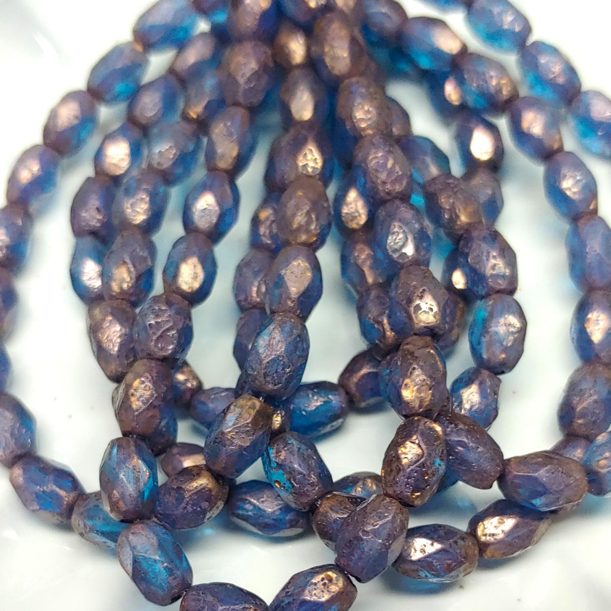 7x5mm Blue Etched w/Bronze Finish Faceted Oval Czech Glass Beads, 20 beads