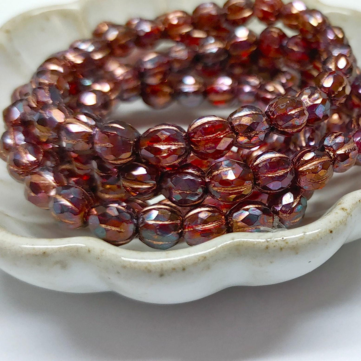 6mm Faceted Melon Ruby Red w/Purple Copper Luster & Copper Wash-25 Beads