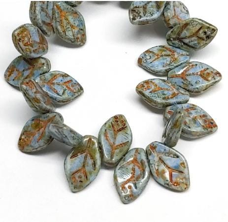 Leaf Bead Light Blue Stone Finish Opaque, 12x7mm Czech Glass, 25 Beads