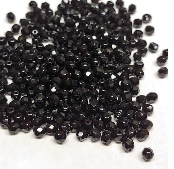 4mm Fire Polish Jet, Czech glass faceted round-23980, 50 beads