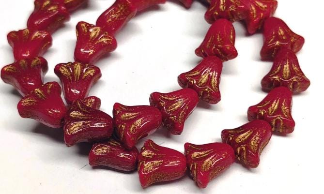 Lily Bead 9x10mm, Red Opaline w/Gold Wash, 10 Beads