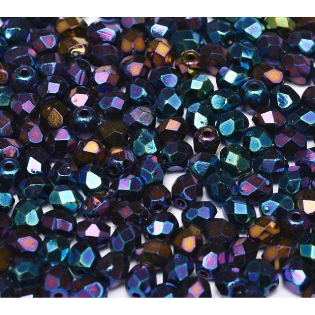 3mm Fire Polish Jet Blue Iris, Czech glass faceted round bead, 21435