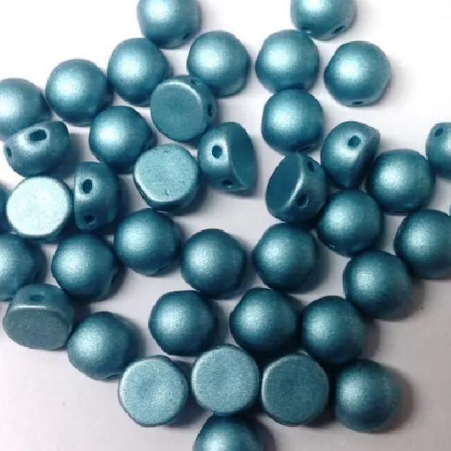 Metallic Aqua, 2 hole Cabochon Czech Glass Beads 6mm, 15 Beads 29436