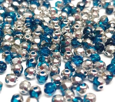 3mm Fire Polish Capri Blue Silver Half Coat, Czech glass faceted, 60080-27001