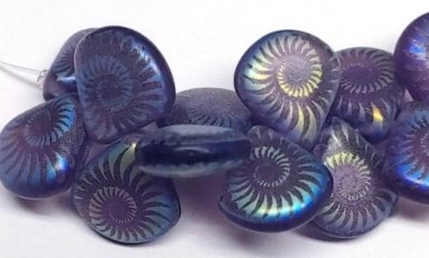 Briolette Tanzanite Purple Transparent Matte w/Aurora Borealis Finish and Laser Etched Spiral Design, 12x11MM - 12 Beads